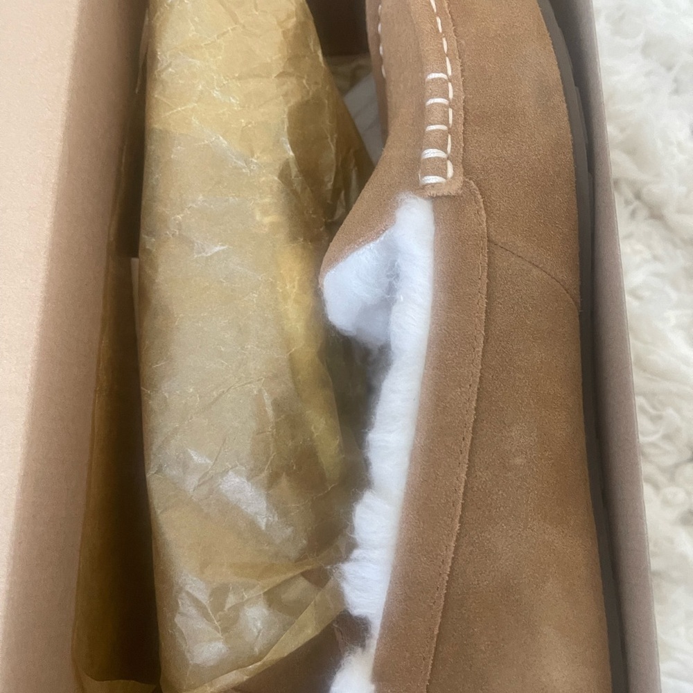 Koolaburra Tan Suede Loafers with White Trim